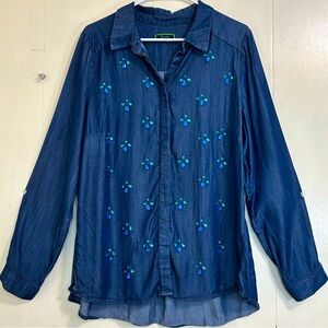 C Wonder Blue Chambray Stones Lyocell Long Sleeve Button Blouse Top Size XL.